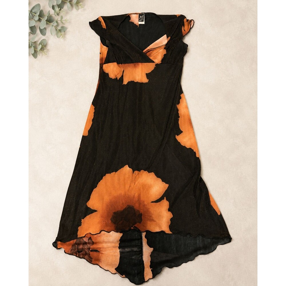 PS Don Saylor Womens M Black Copper Floral Surplice Dress Made USA